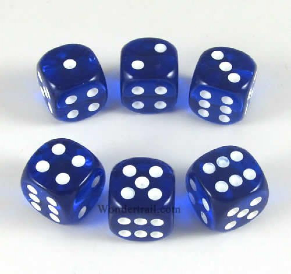 Blue Translucent Dice White Pips D6 16mm Pack of 6 Wondertrail WCX23606E6