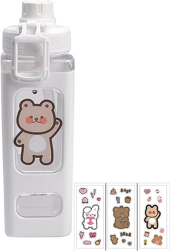 Botella de agua con oso kawaii con pajita Botella deportiva de plástico portátil cuadrada para niña Tazas lindas de jugo, té y agua 700ml (Blanco,