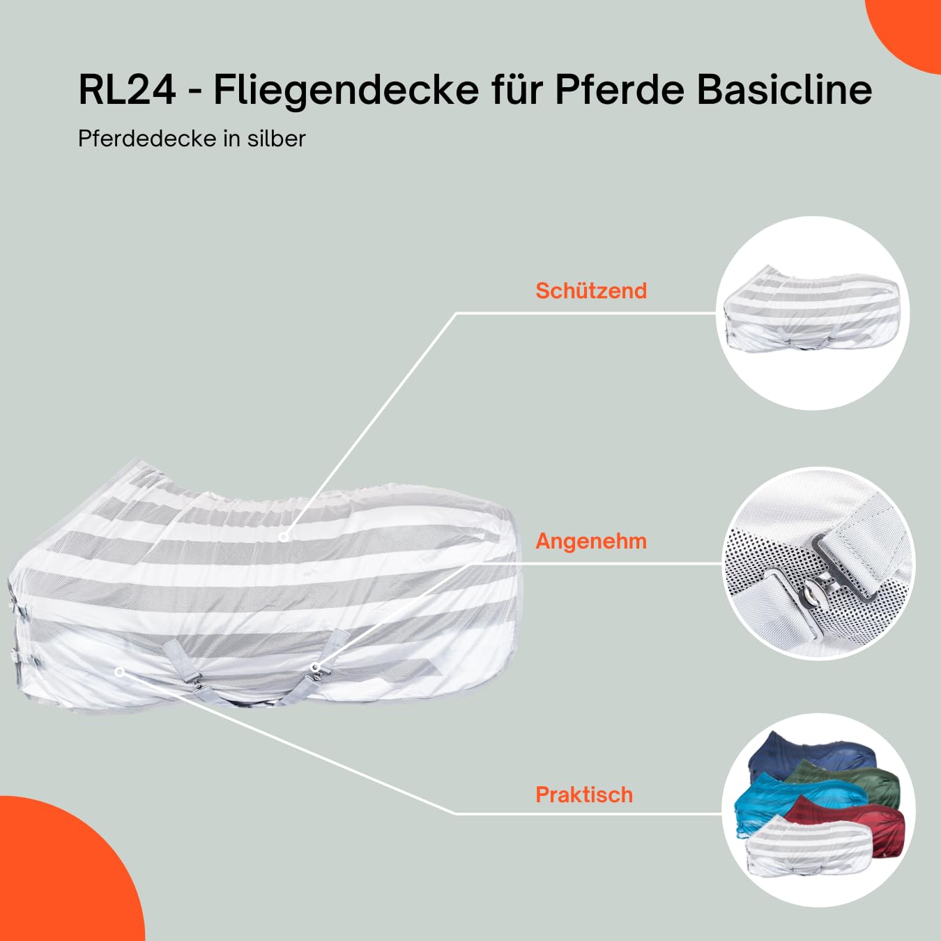 RL24 - Fliegendecke für Pferde Basicline | effektiver Schutz vor Insekten | Ekzemerdecke mit Verstellbarer Kreuzbegurtung | atmungsaktiv & strapazierfähig | Pferdedecke in Silber | 135cm