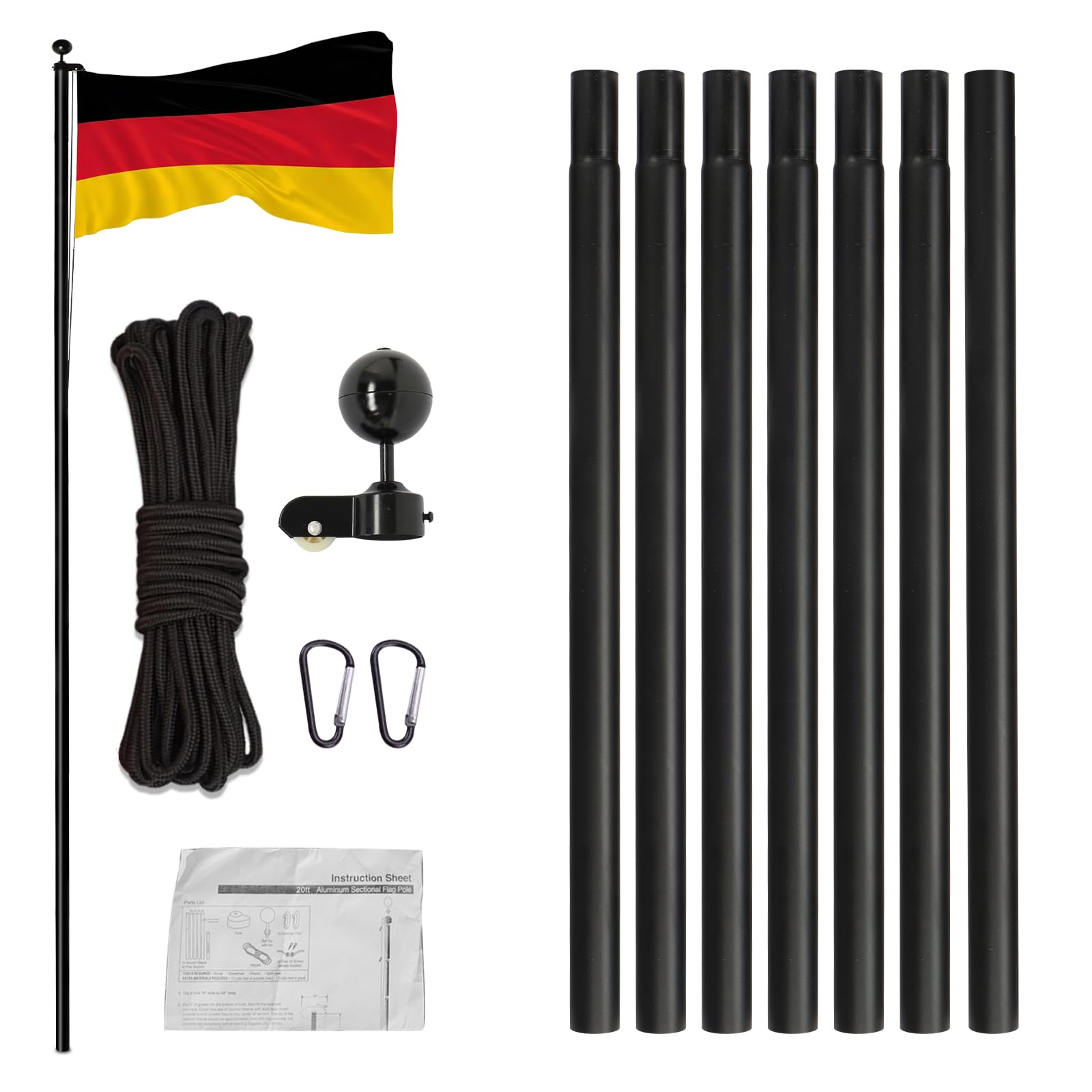 Fahnenmast 6m stabil, Aluminium Fahnenstange mit DE Flagge, Faltbarer Flaggenmast für Outdoor, inklusive Aufziehsystem und Bodenhülse, Schwarz