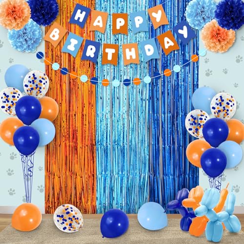 Boy Birthday Decorations, Blue Birthday Supplies, Light Blue Navy Brown Tan Orange Banner, Fringe Curtain, Boho Balloons, Pom Poms Backdrop by Miucat - Image 3