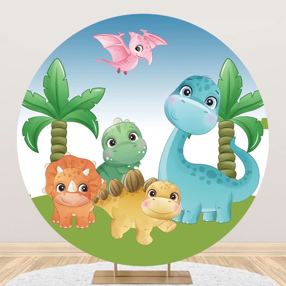 Yeele 7x7ft Cartoon Dinosaur Round Backdrop Cover Cute Dinosaur Tropical Trees Circle Photography Background for Newborn Baby Shower Kids Boys
