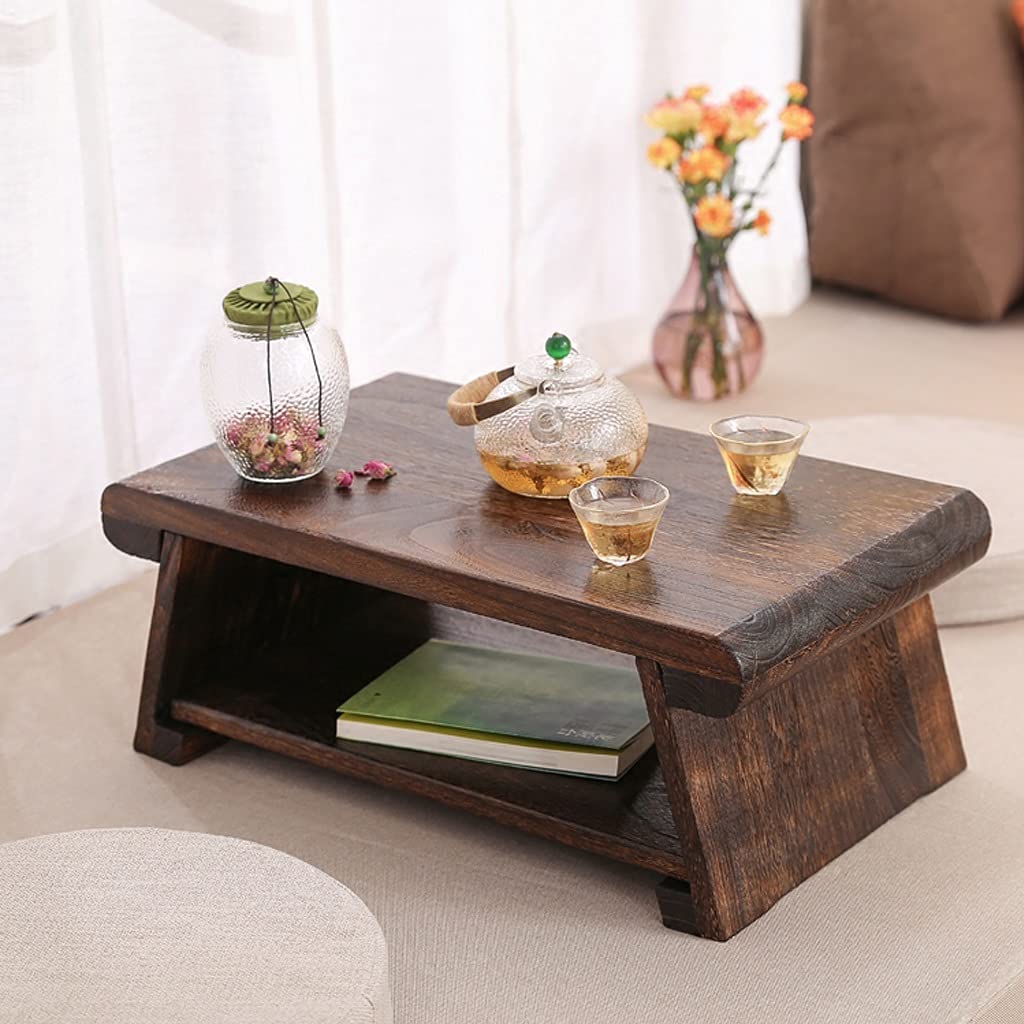 End Tables, Stolik kawowy 2-poziomowy z półką do przechowywania, retro japoński stolik do herbaty, stolik tatami do salonu, okno wykuszowe (kolor: ciemnobrązowy, rozmiar: 68 * 35 * 28 cm)