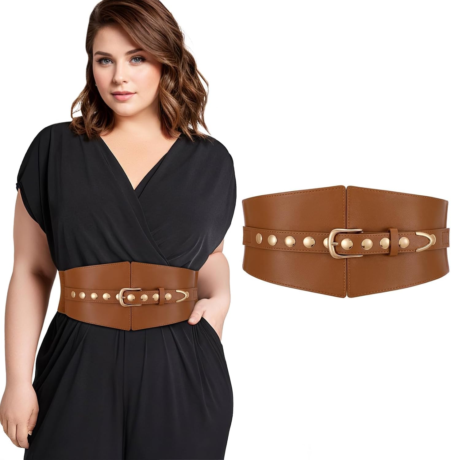 Wide Waist Belt Women Elastic Chunky Stretchy Elegance Belt with Gold Rivets Buckle for Daily Costume - Image 7