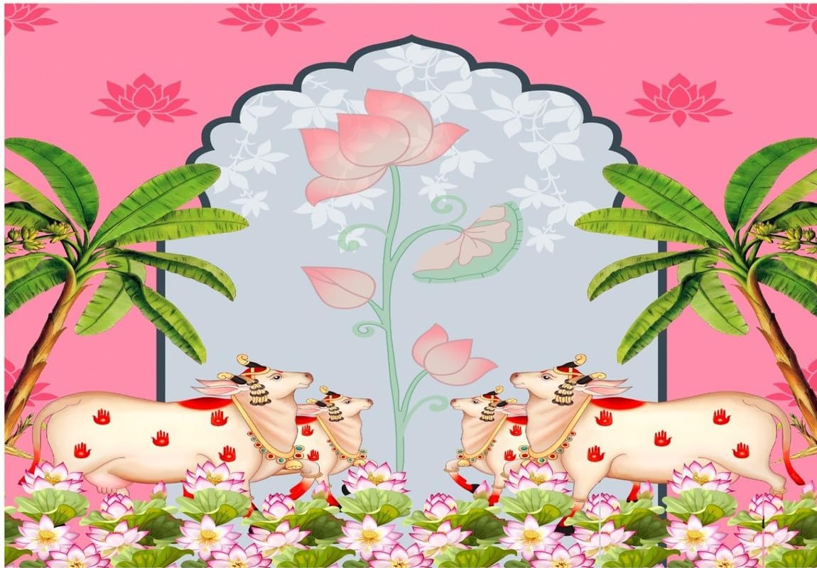 KaratKing Back Drop Cloth for Decoration for House Pooja Wedding Backdrop Cloth for All Festivals/House Hold Functions/Haldi Function/Ceremonies (8X5) (Pink 4 dudalu Banana 2 Trees)-image-23