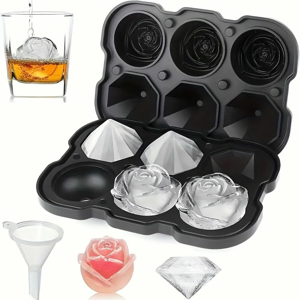 Silikonowa foremka do lodu Rose z pokrywkami, 3-komorowa, diamentowa foremka do robienia kulek, w tym szklanki, lejek do koktajli, whisky i soku