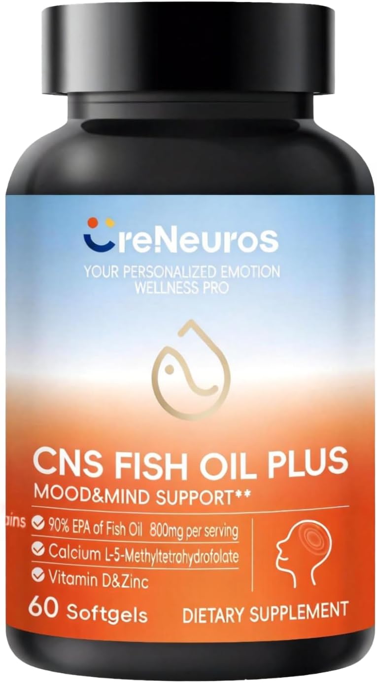 CNS Fish Oil Plus- 97% Omega-3 808mg per Serving with 800mg of 90% EPA per Serving for Mood & Mind Support - with Active Folate (5-MTHF), B-Complex & Zinc - 60 Softgels