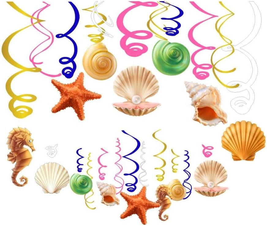 Kristin Paradise 30Ct Seashell Hanging Swirl Decorations, Ocean Shell Party Supplies, Under The Sea Birthday Theme, Starfish Seahorse Kids Decor for First 1st Boy Girl Baby Shower, Sealife Favors