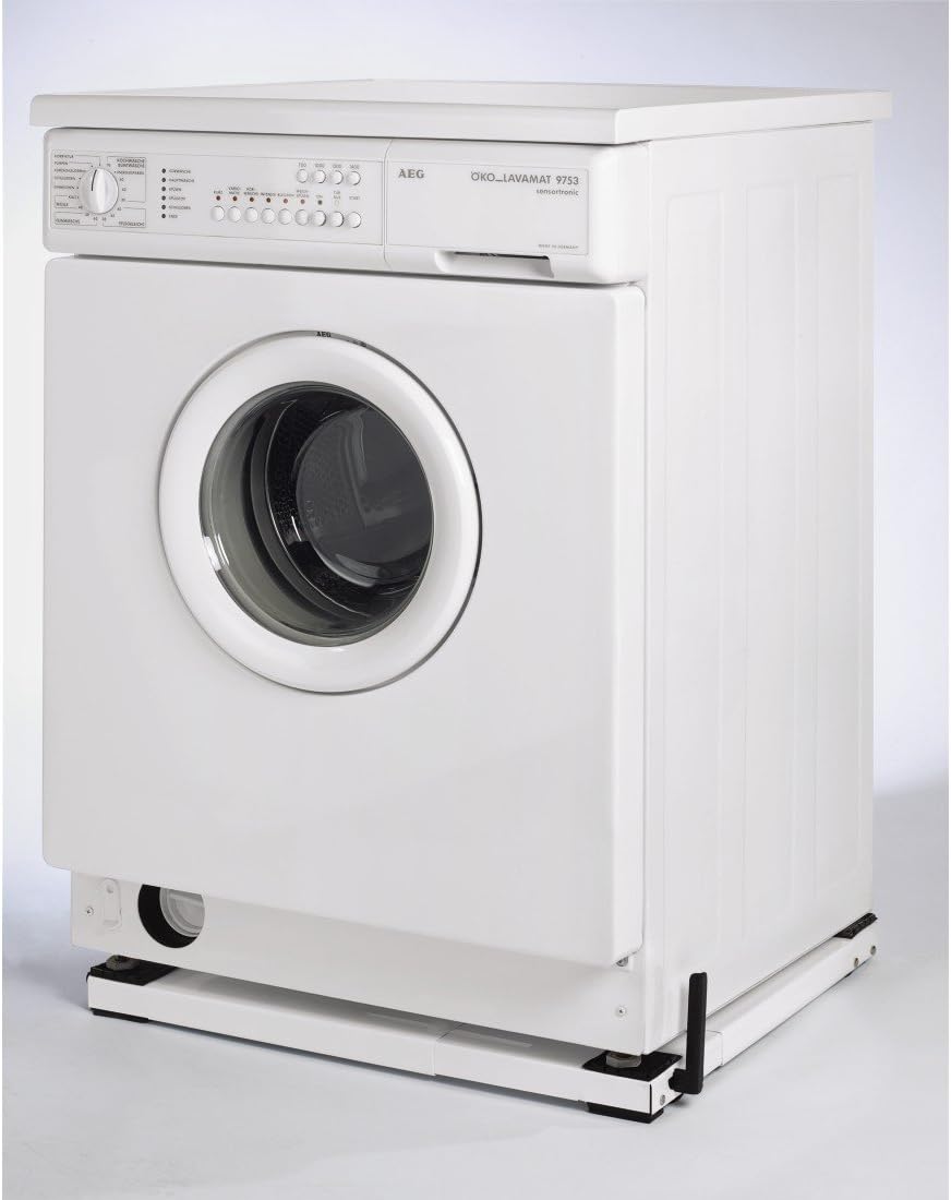 White washing machine placed on the Xavax Transport Trolley, showing the trolley supporting the appliance from below.