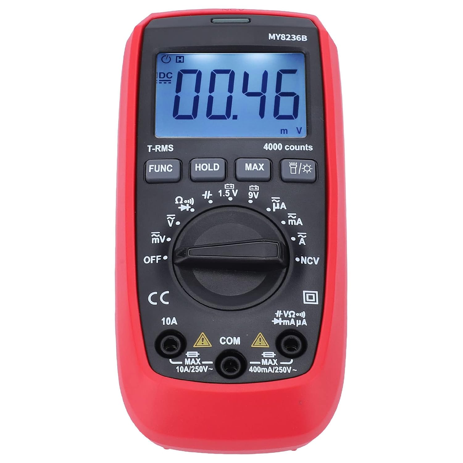 Front view of the Jauarta MY8236B Digital Multimeter showing the display, rotary switch, and function buttons.