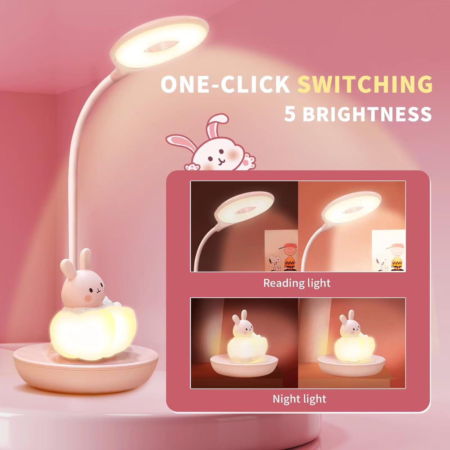 Desk Lamp Pink, Dimming Desk Lamp with Exclusive Cartoon Look
