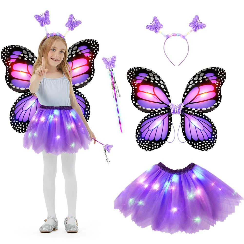 AYBUY Kids Light up Butterfly Wings Costume, Include LED Fairy Wings Tutu Magic Wand & Headband, Costume Butterfly Dress Up for Girls Fancy Dress Christmas Halloween Party Cosplay (Purple)