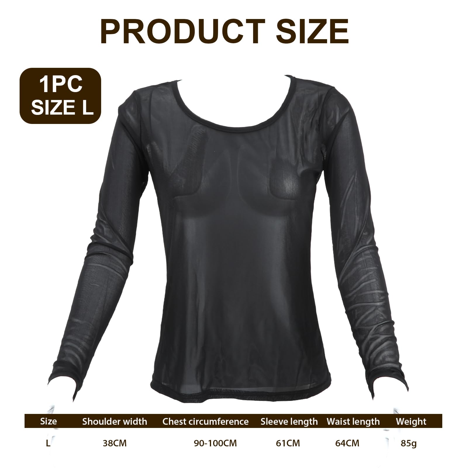 Haut Transparent Femme T-Shirt Noir en Maille Manches Longues | Polyester Extensible, Coupe Slim, Taille Unique 90-100 CM, Col Rond, Idéal Soirée Festival Ou Superposition