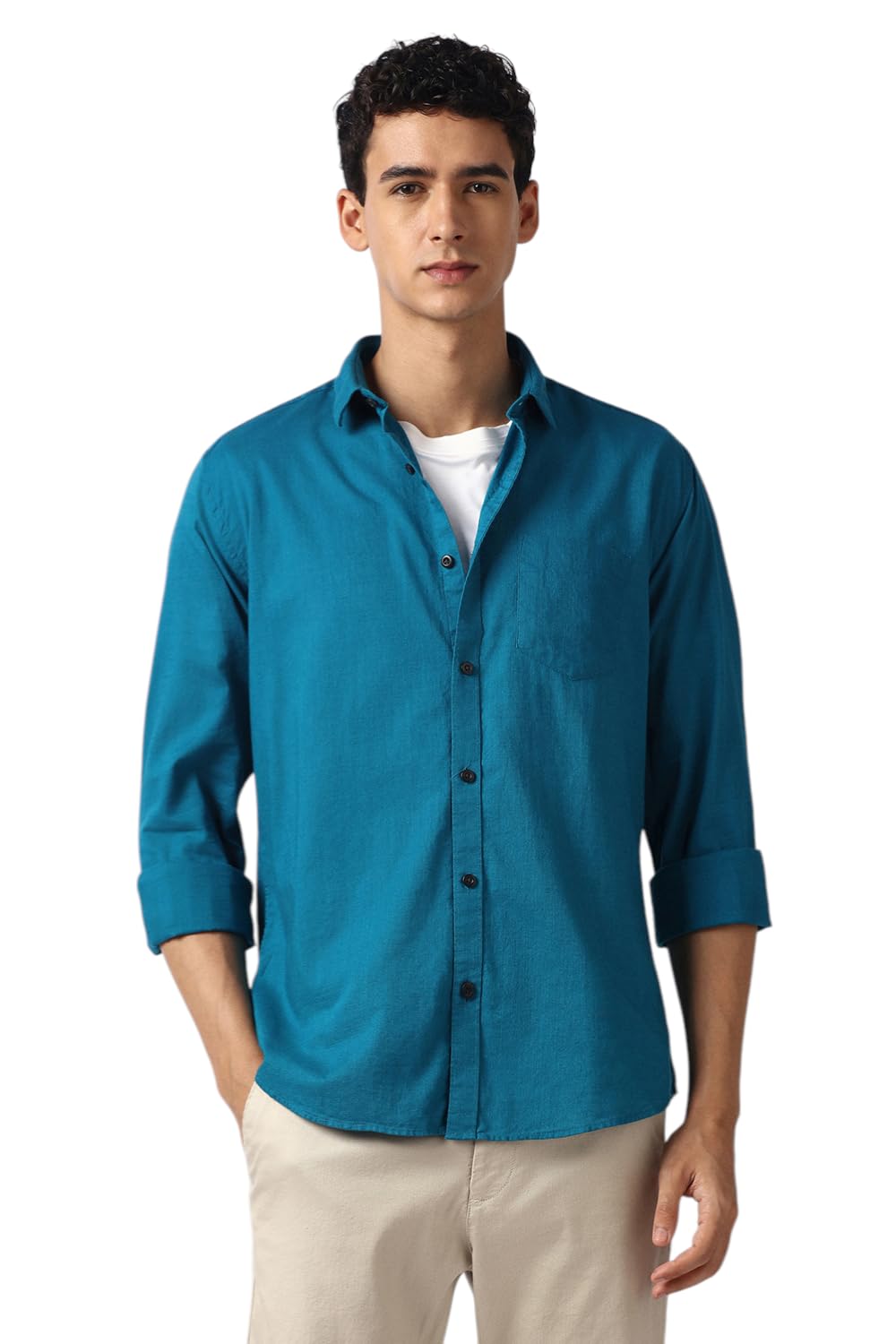 van heusen Men's Cotton Solid Slim Fit Casual Shirt_Blue_42-picture-16