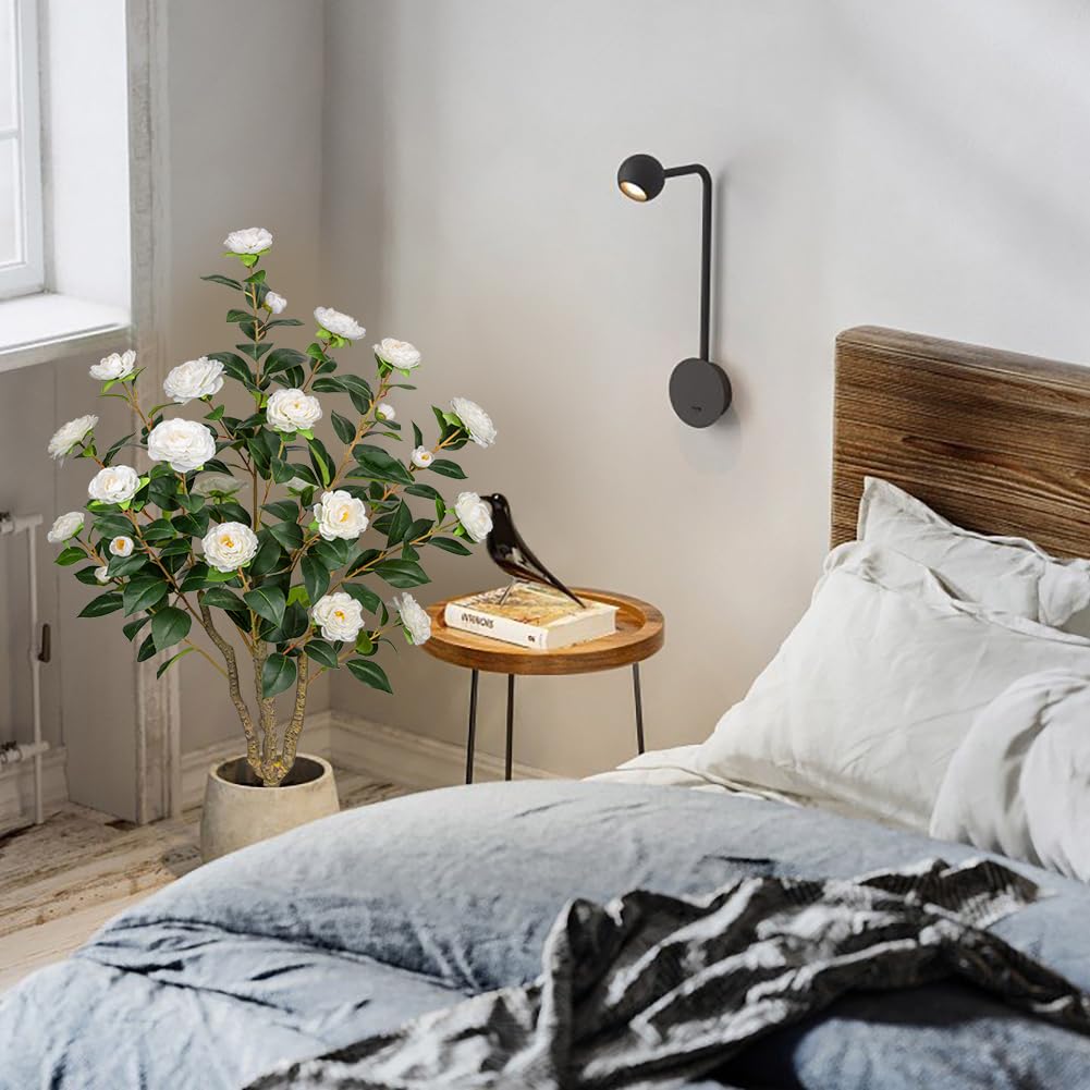 Künstlicher Kamelienbaum, künstliche Kamelienpflanze mit weißen Blumen, Kunstblumen, blühender Baum in schwarzem Topf für drinnen und draußen, Büro, Zuhause, Haustür, Veranda, Dekoration (1 Packung –