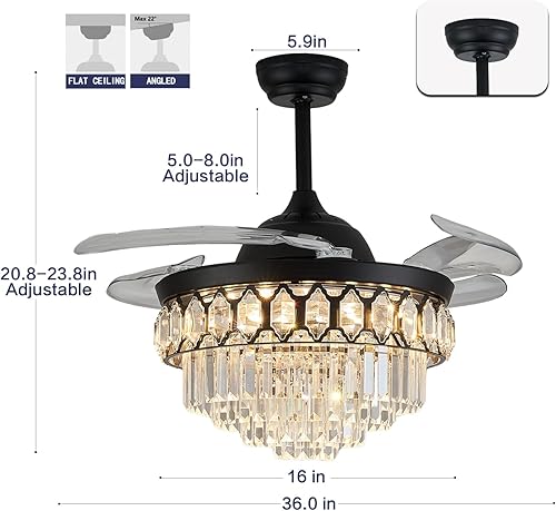 Miniatura 4 de Ventiladores de techo LED de cristal negro regulable de 36 pulgadas con luces y control remoto, moderno kit de ventilador de iluminación de techo