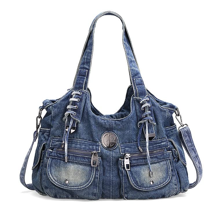 Sac en jean pour femme - Grande capacité - Style décontracté - Plusieurs poches - Sac fourre-tout à bandoulière, bleu