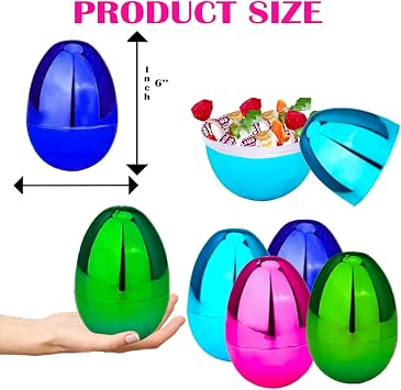Chochkees Fillable Easter Eggs (6-Pack) 6 Inch Jumbo Metallic Colorful Plastic Easter Eggs, Stands Upright, Perfect for Easter Egg Hunt, Easter Hunt, Assorted Colors, 6 Giant Fillable Eggs
