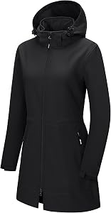 Outdoor Ventures Women's Softshell Jacket with Removable Hood Fleece Lined Windbreaker Insulated Long Warm Rain Jacket