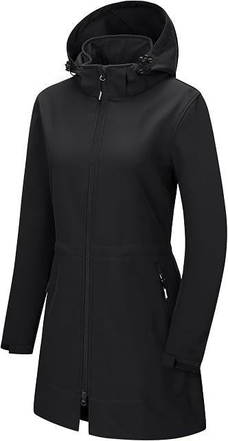 Outdoor Ventures Women's Softshell Jacket with Removable Hood Fleece Lined Windbreaker Insulated Long Warm Rain Jacket