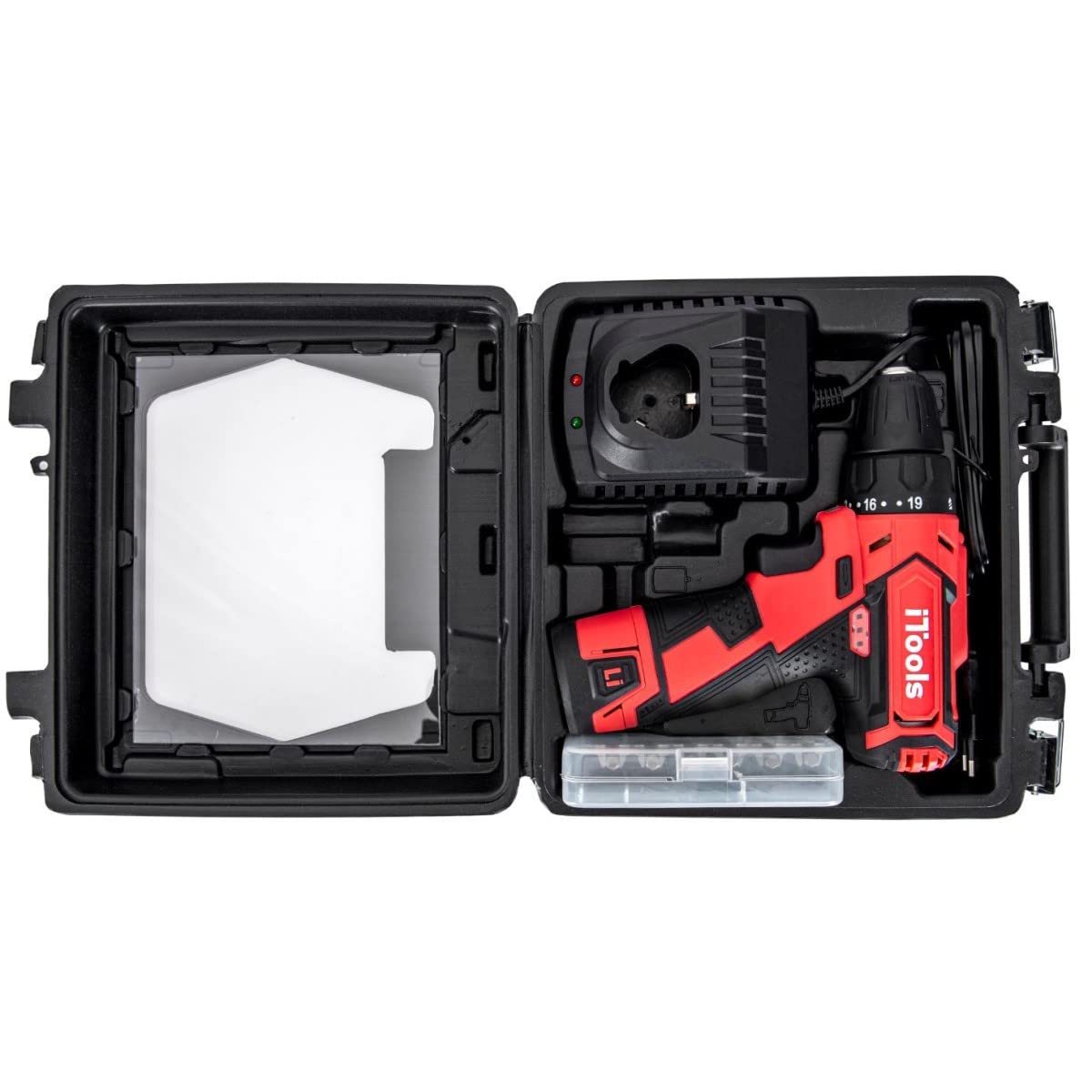 Wiertarka akumulatorowa 12V Bateria litowo-jonowa 1,5Ah ITOOLS LED + zestaw 6 końcówek wkrętarek + 6 wierteł + adapter