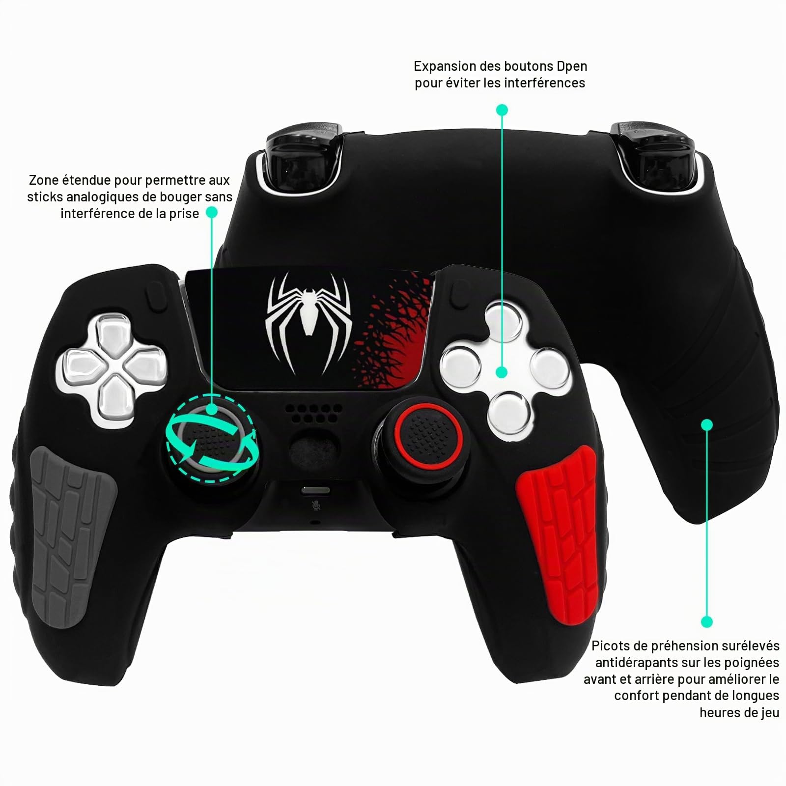 Skin antidérapant pour manette PS5 araignée noire, coque de protection en silicone souple et épaisse compatible avec manette PS5/Slim/Pro avec 2 capuchons de pouce, protections de joystick