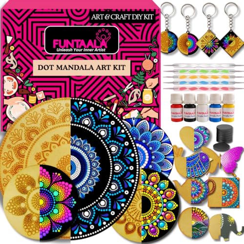 Image of Funtaala Dot Mandala DIY Art Kit for Kids & Adults | Engraved MDF Wall Decor, Coasters, Magnets & Keychains | Relaxing Paint & Craft Kit | Creative Gift