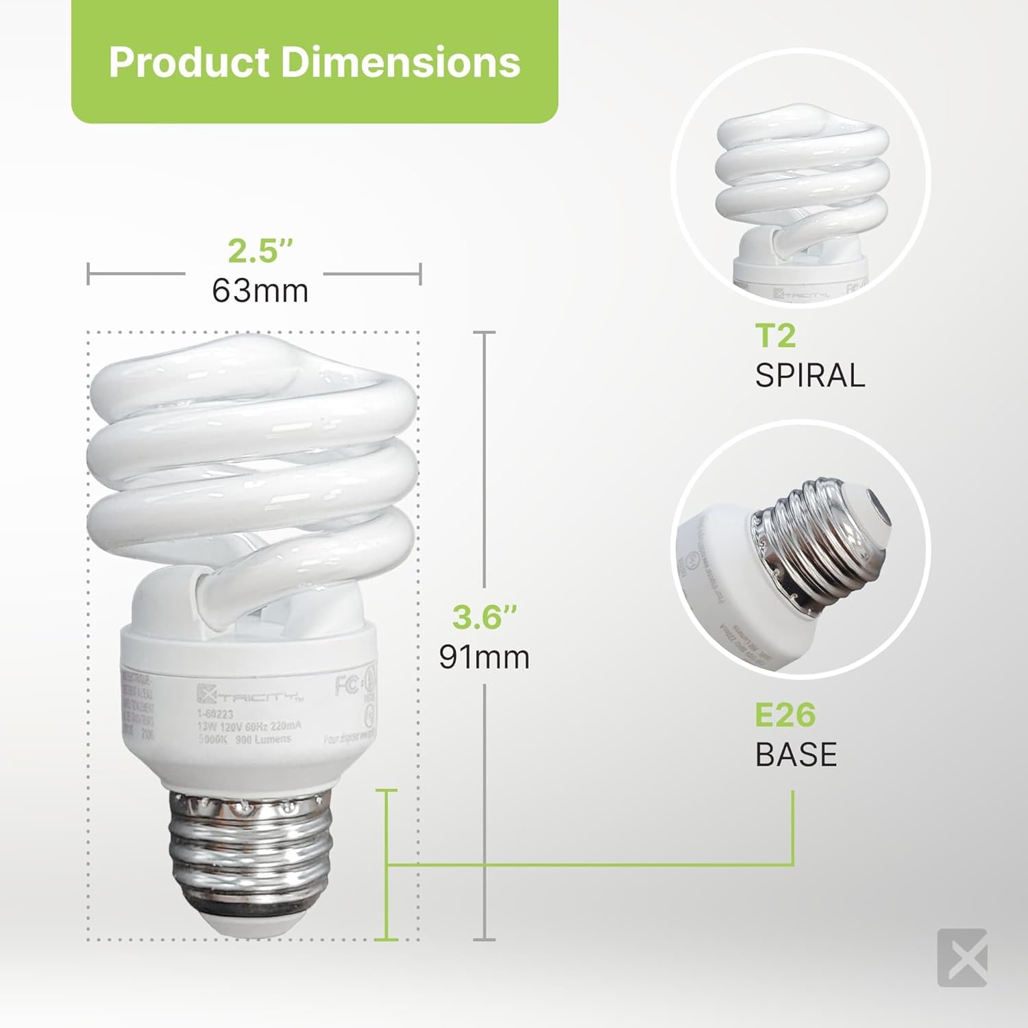 Xtricity Compact Fluorescent Light Bulb T2 Spiral, E26 Base, 9W (40 Watt Equivalent), 5000k Daylight, 540 Lumens, CFL, 120V - UL Listed, (8 Pack)