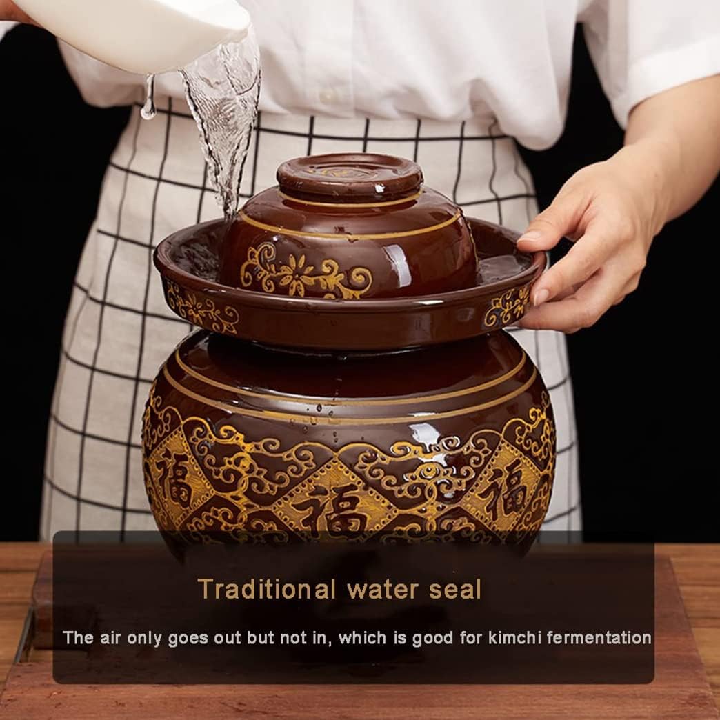 Brown Traditional Chinese Porcelain Pickle Jar, Thickened Ceramic Fermentation Crock Pickling Pot,Fermenting Jar with Water Seal Airlock Lid Stoneware Fermenter for L