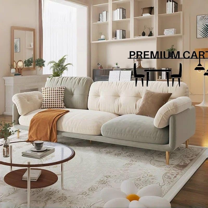 Image of Velvet Contemperory Sofa with Cushion Chaise Lounge Sectional Sofa Perfect for Living Room & Bedroom Guests Home & Office (Leather Green & Suede Off White, Three Seater)