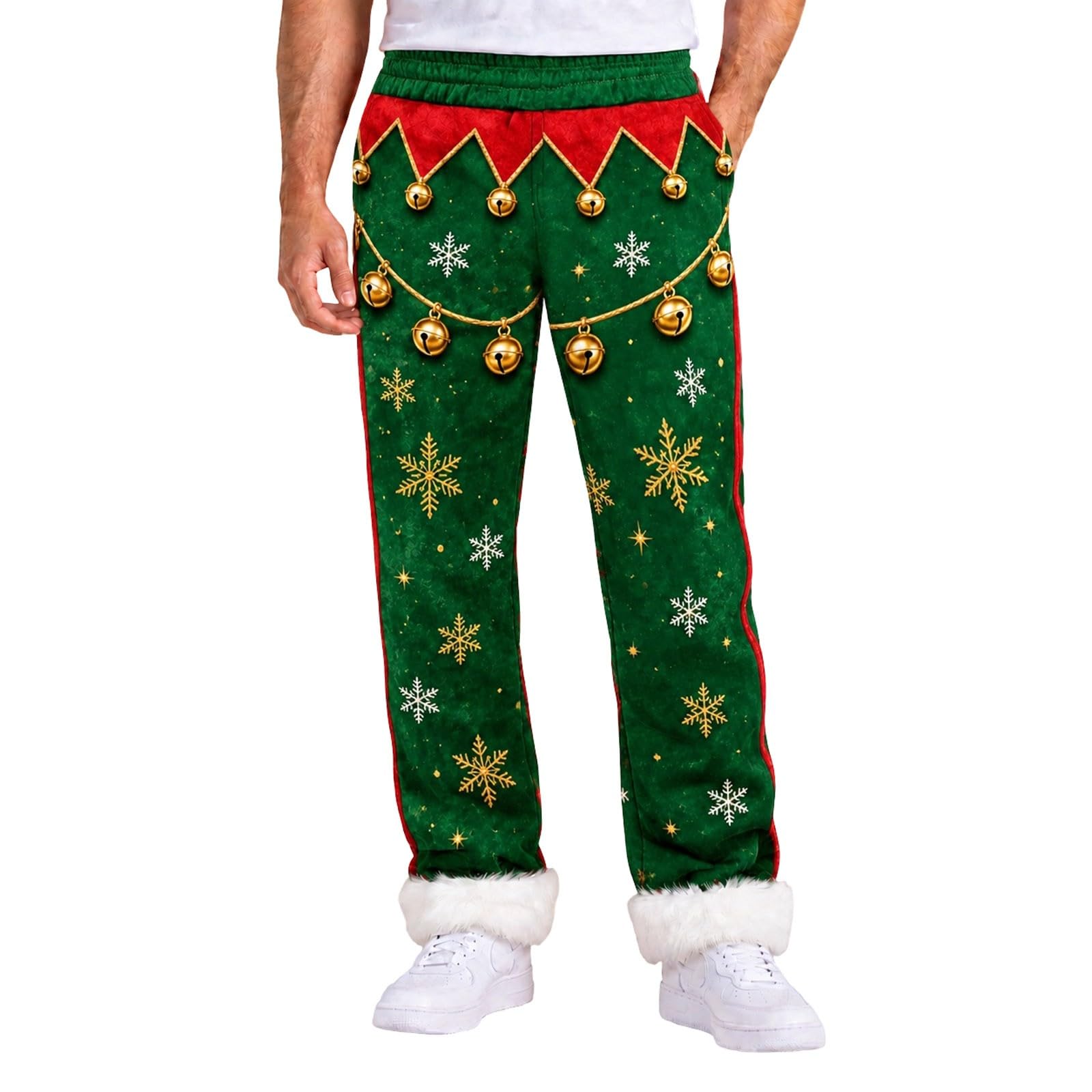 Christmas Costume Pants for Men Green Flannel Xmas Holiday Trousers with Pl