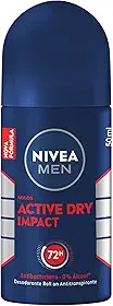 NIVEA MEN Desodorante Antitranspirante Roll On Dry Impact 50ml - Proteção prolongada de 72h, dupla proteção antitranspirante, proteção extra seca, sem alumínio, corantes e conservantes