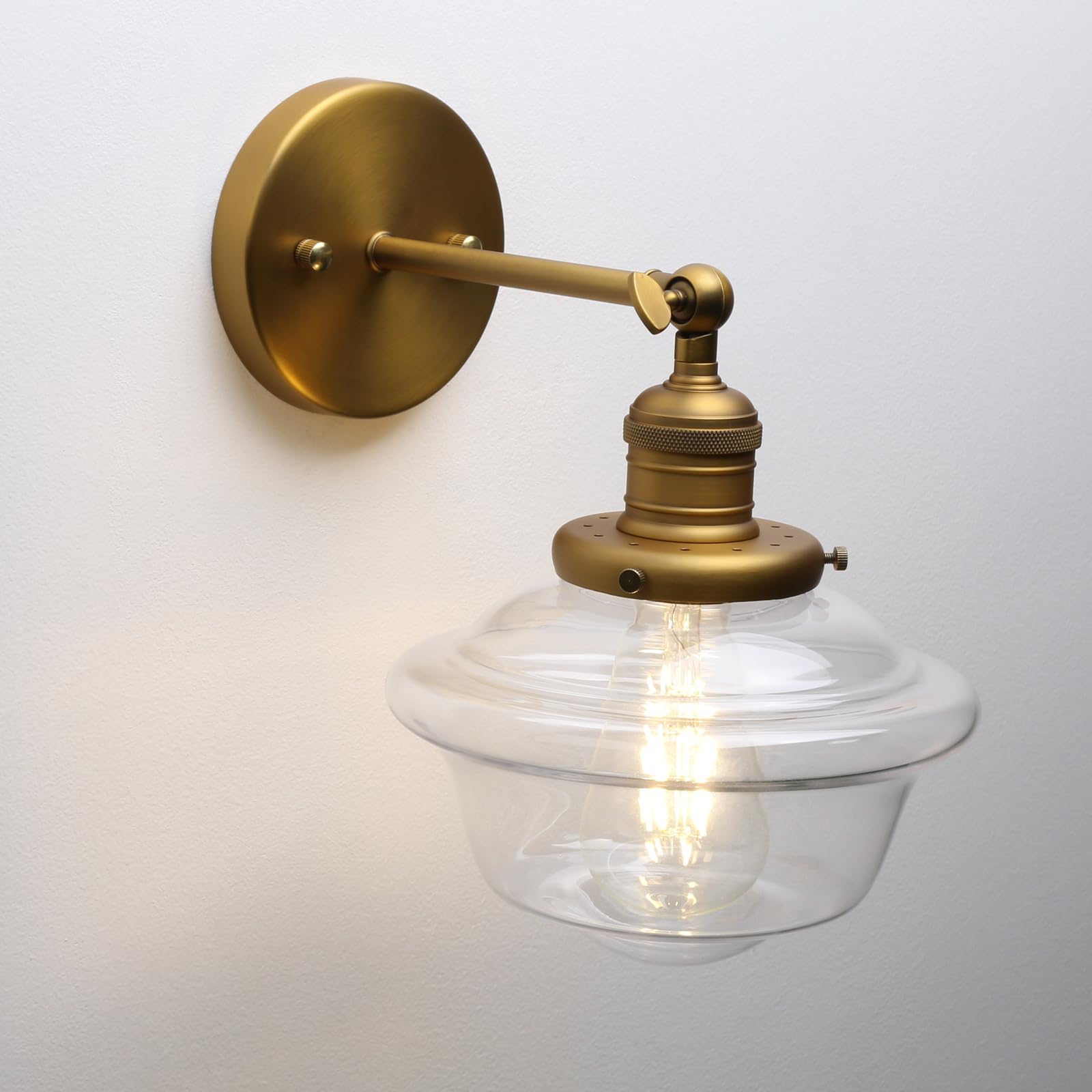 Pathson 1-Lumière Applique Murale, Luminaire Mural Industriel, E27 Lampe Murale Abat-jour en Verre Transparent pour Salle de bain, Miroir de Courtoisie, Chambre à Coucher, Cuisine (Laiton Antique)