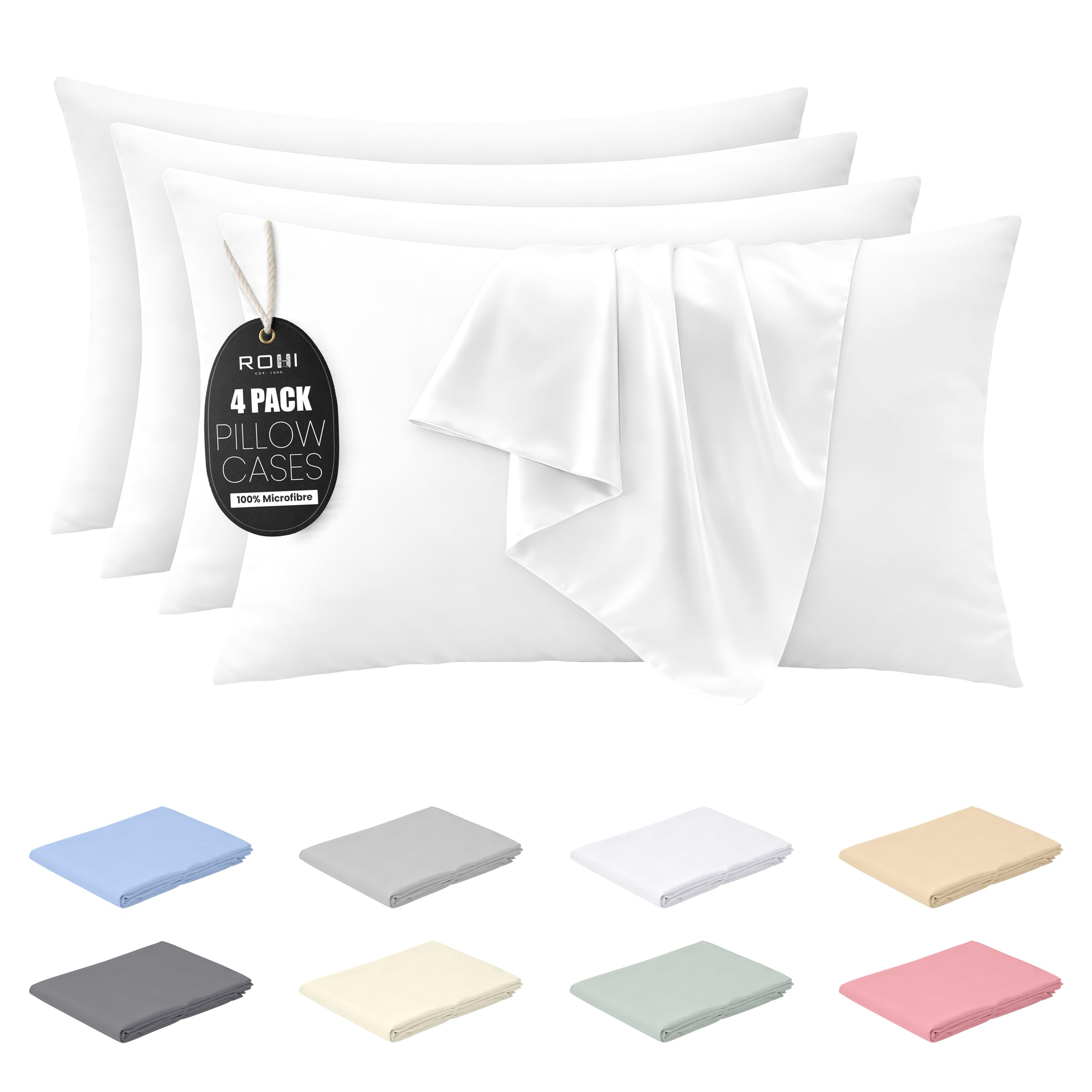 Rohi White Microfibre Pillowcases 4 Pack – Soft & Smooth Envelope Closure Pillow Covers – Fade Resistant & Breathable Pillows Cases – Standard Size (50X75 Cm)