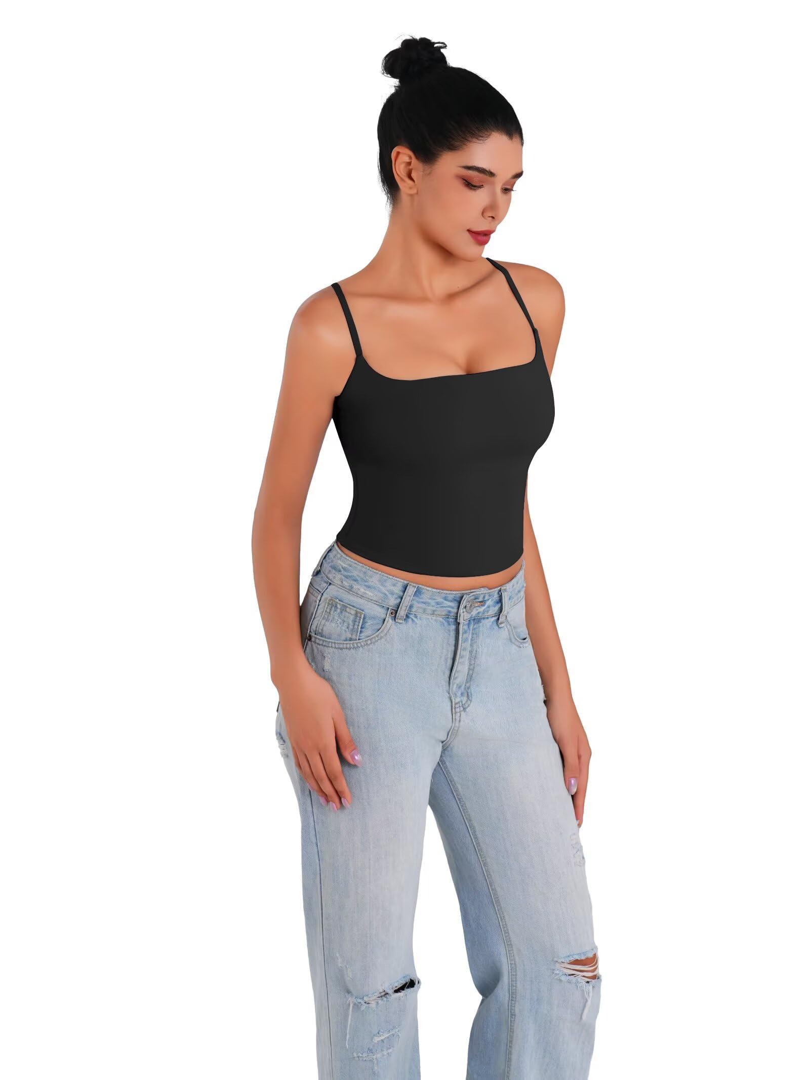 Sunzel Camiseta sin mangas con tirantes delgados para mujer, camisola de doble forro con cuello cuadrado, camiseta de verano para salir, básica