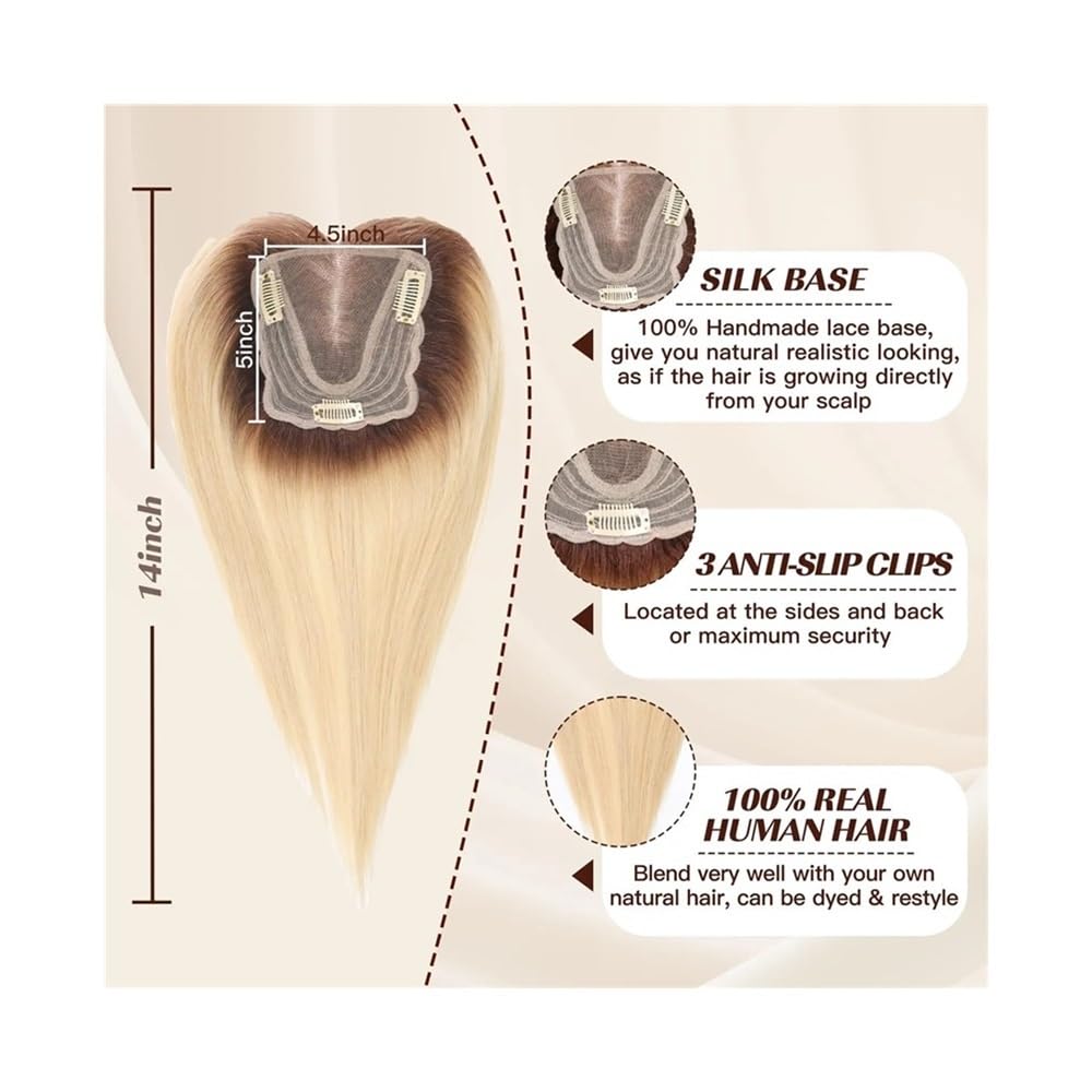 4,5" x 5" Echthaar-Topper-Perücken, Schweizer Spitze, Clip-Haarteile, glattes Haar für Damen, kaschiert Haarausfall oder graue Haarpartien (14 Zoll), Haarverlängerungen, Perückenteile (Ombre Blond M