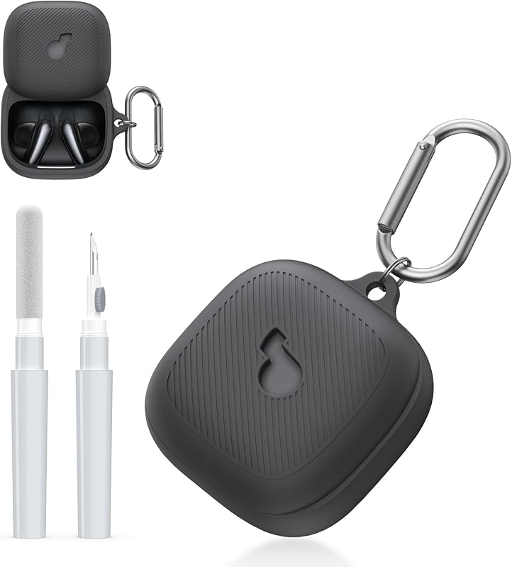 for Soundcore Liberty Buds by Anker Case Cover with Cleaner Kit, Silicone Shockproof Protective Logo Visible Design Cover with Soundcore Liberty Buds Earbuds Charging Case with Carabiner-Black