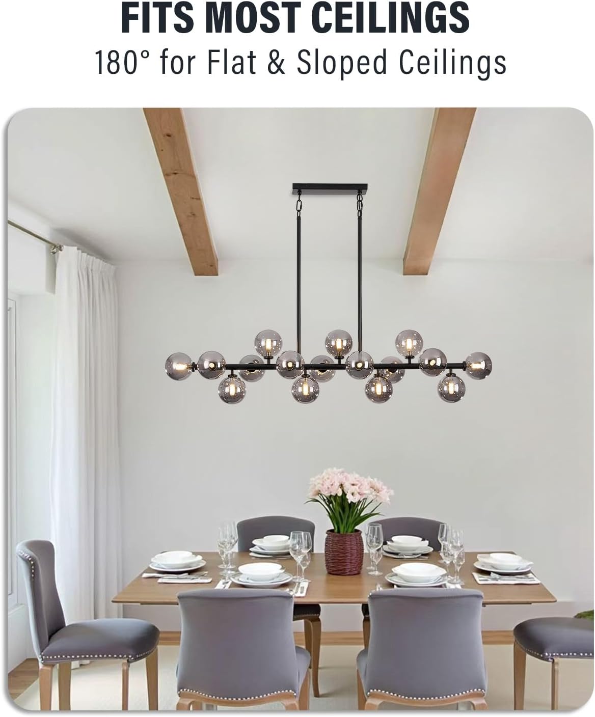 Modern Chandeliers for Dining Room Kitchen Island, 55" Long Large Linear Sputnik Globe Chandelier, 16-Light Mid Century Modern Light Fixture Over Table, Black and Smoke Grey Bubble, GC-08