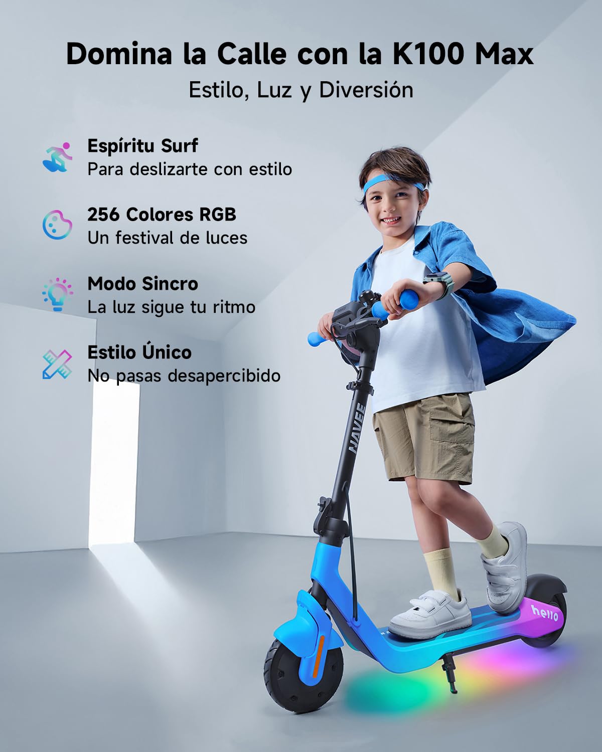NAVEE K100 Serie Patinete Eléctrico para Niños, Control Parental vía App, Autonomy 14-24km, 3 Modos de Velocidad 16km/h, Luces RGB, Neumáticos Macizos 7", Plegable y Ajustable 6-14 Años