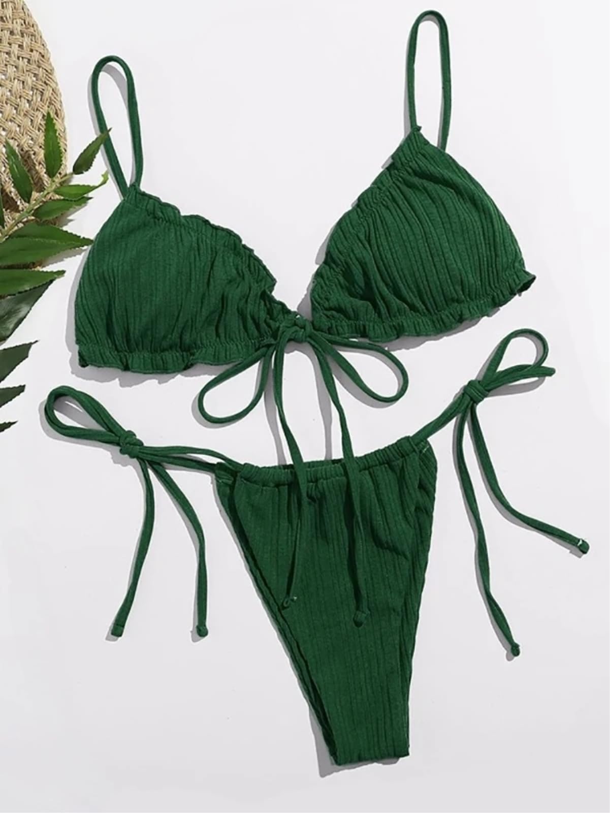 Bikini Donna Donne A Costole Verde Set Triangolo Costume da Bagno Cravatta Side Beachwear-Black-s