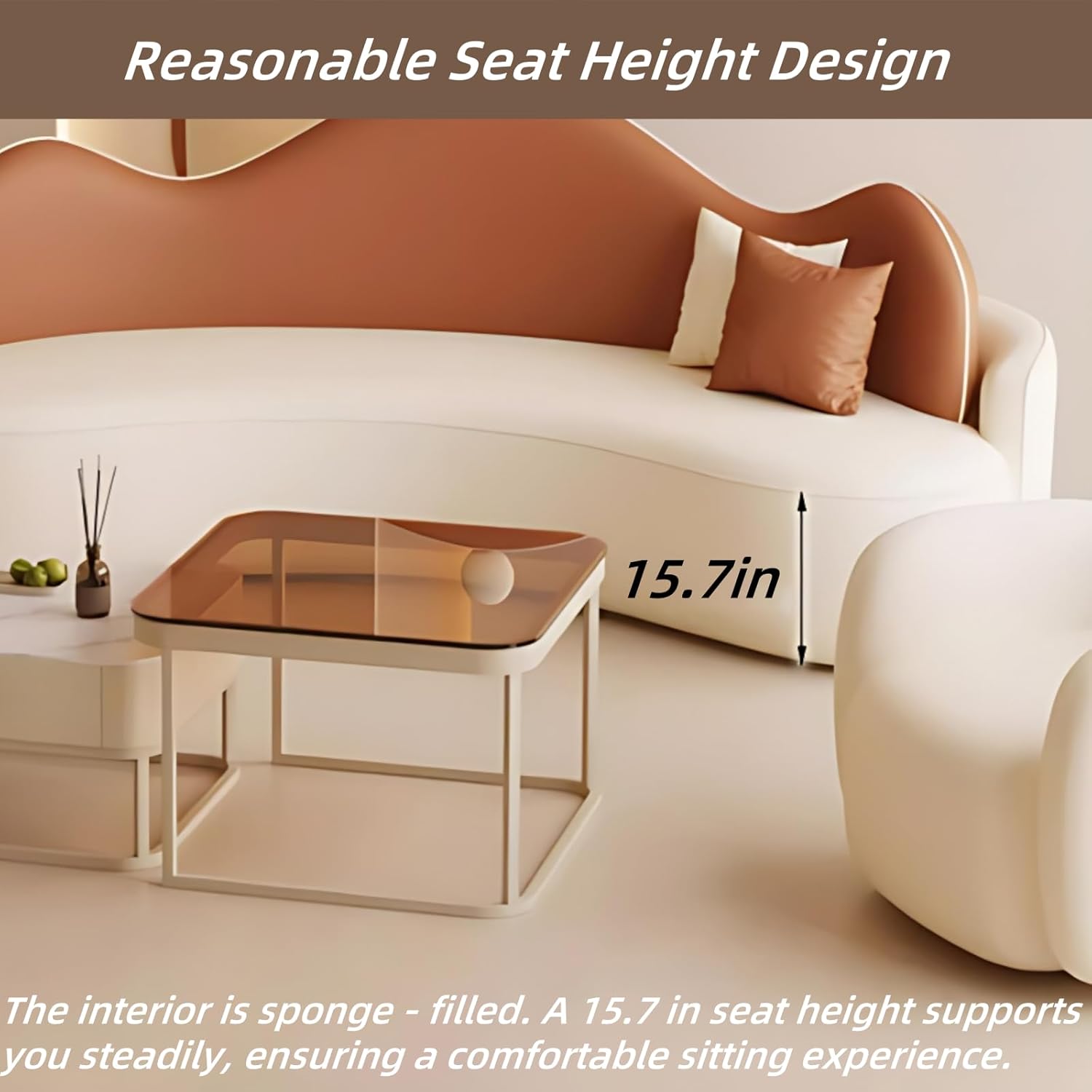 66.9IN Living Room Sofa Module - Solid Wood Sectional Sofa Set with Chair, Modern Sectional Couches has a Nested Square Coffee Table & 2 Matching Single Armchairs (White + Khaki)