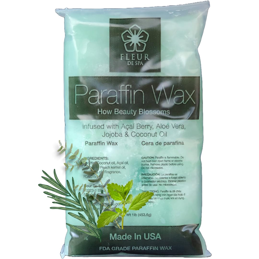 Paraffin Wax refill by Fleur De Spa - Infused with Acai, Coconut oil, Jojoba and Aloe USA Made (Rosemary, Mint & Eucalyptus, 1 pound)