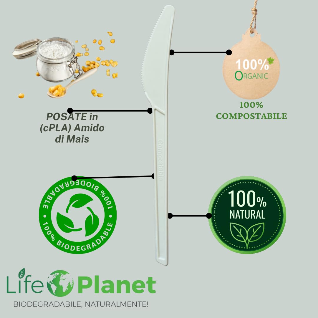 1000 Coltelli Usa e getta in cPLA, Posate Biodegradabili e Compostabili, Stoviglie Monouso 100% Naturali