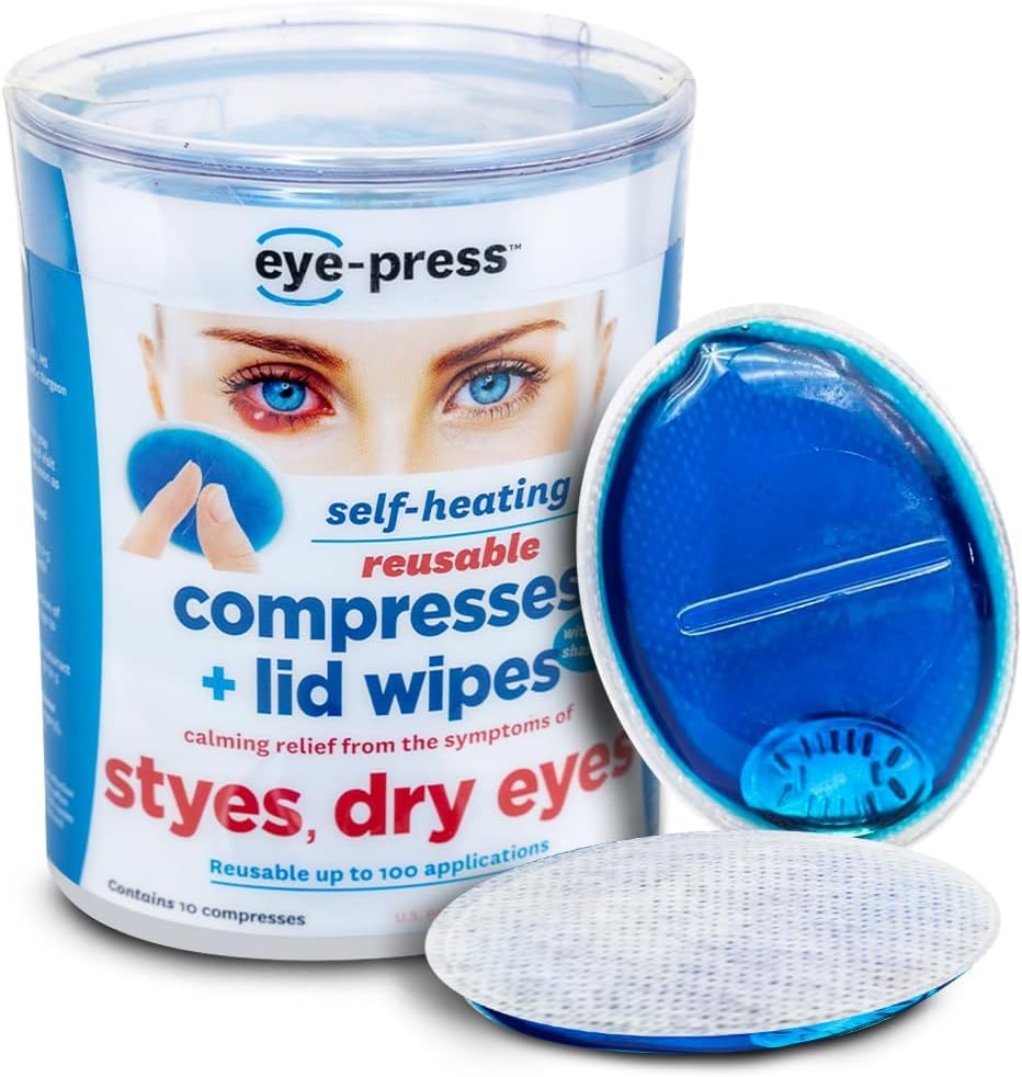 Eye Press Self Heating Compress and Lid Wipes, Stye Treatment, Dry s, Chalazia, Blepharitis and Post Surgery Relief, Soothing Moist Heat and Cleansing, 10 Reusable Pads