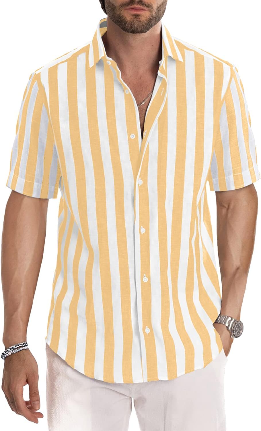 JMIERR Men's Casual Stylish Short Sleeve Button-Up Striped Dress Shirt Cotton Beach Shirts