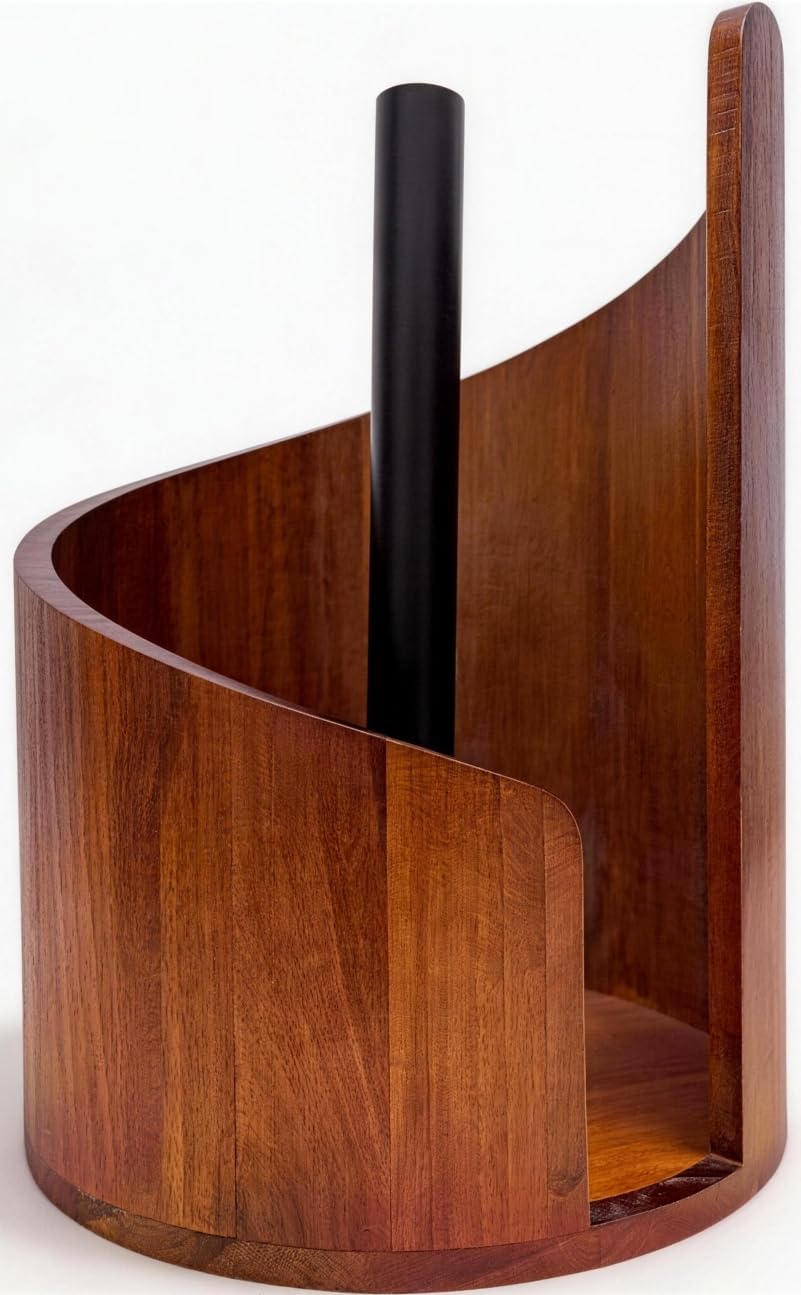 Large Size Countertop Paper Towel Holder with Mango Wood Round Base and Iron Stand, Kitchen Roll Organizer for Kitchen, Dining Table Home Decor (Brown)