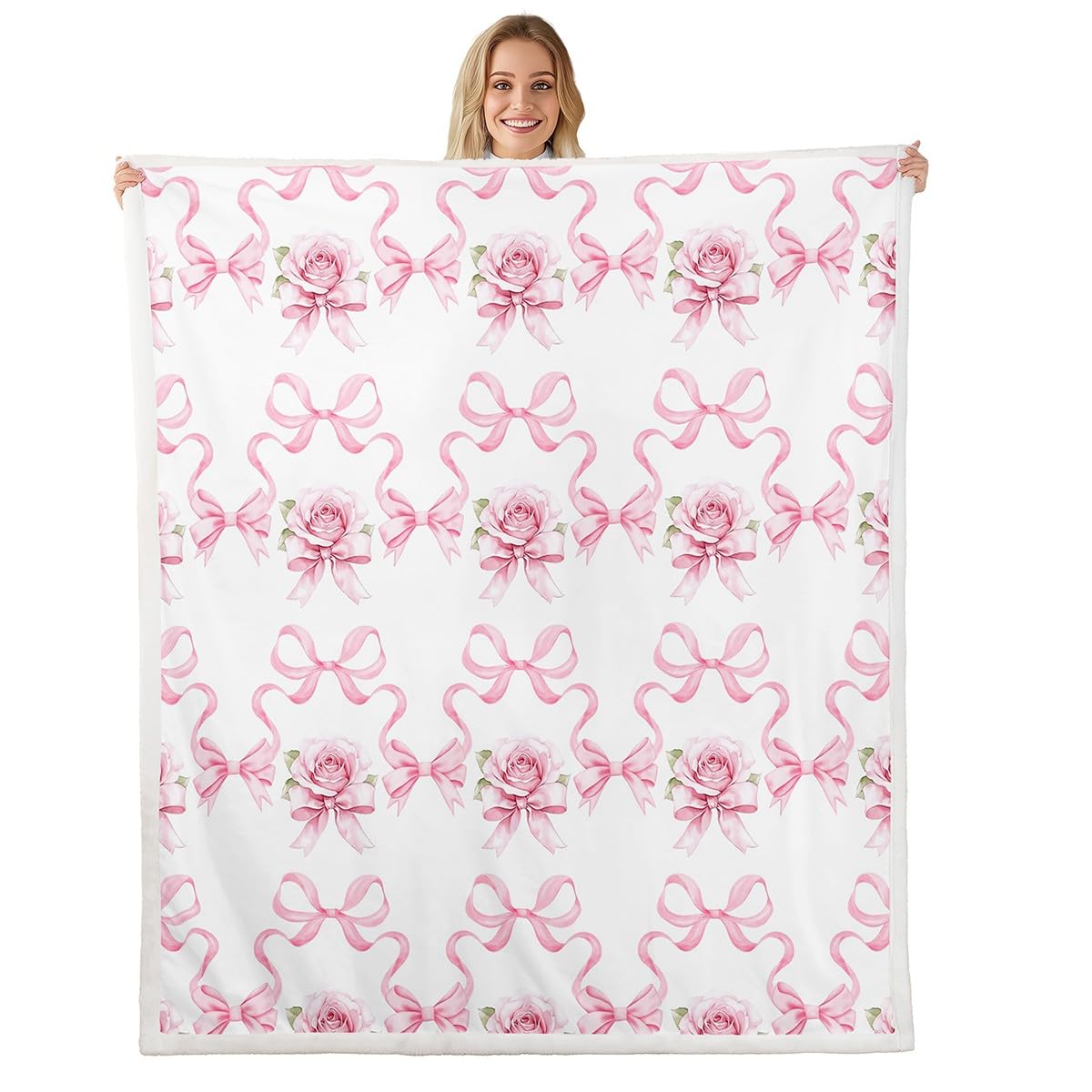 feelingyou Flowers Bow Flannel Blanket for Kids,Romantic Pink Roses Valentine's Day Theme Fleece Throw Blanket for Bedroom Sofa,Princess Bowknot Bow-tie Ribbon Stripes Blanket,Baby (30 x 40 Inches) — image 1