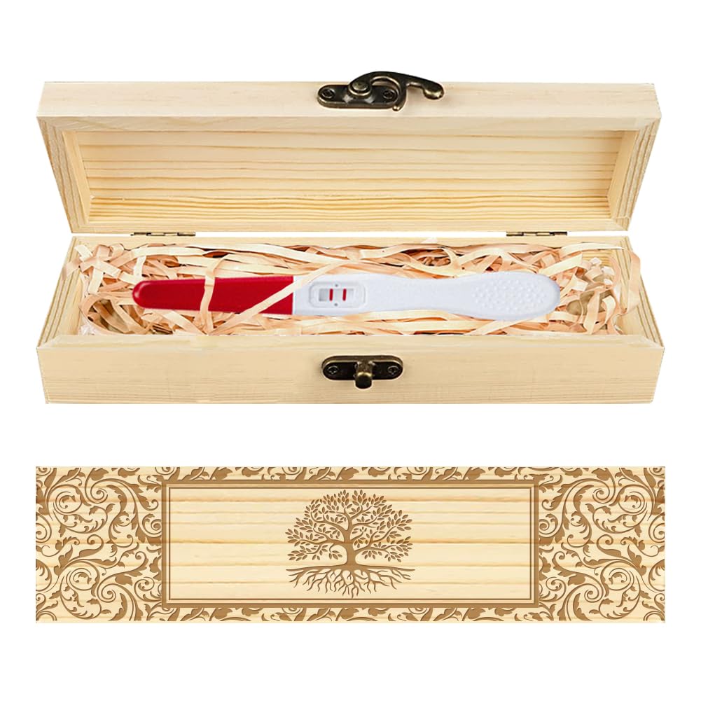 CHGCRAFT Árbol de la vida Caja de recuerdo de prueba de embarazo Tablero de época Caja de recuerdo de anuncio de embarazo de madera con cinta de rafia y regalos de anuncio de bloqueo, 8x2x1.2 pulgadas