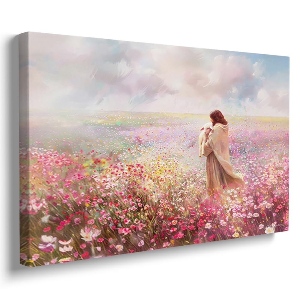 Reateforin Jesus and Lamb Canvas Wall Art Christian Bible Story Jesus Finds the Lost Lamb Wall Decor Picture The Good Shepherd Religious Faith Poster Print for Church Living Room Bedroom Decor 24"x36" — image 1