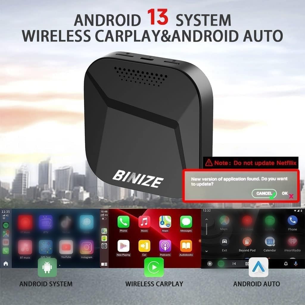 Binize Android 13 Carplay Ai Box Streaming 3.0 Wireless CarPlay/Android Auto Only Support Car OEM Wired CarPlay/AndroidAuto 8-Core (8G+128G)
